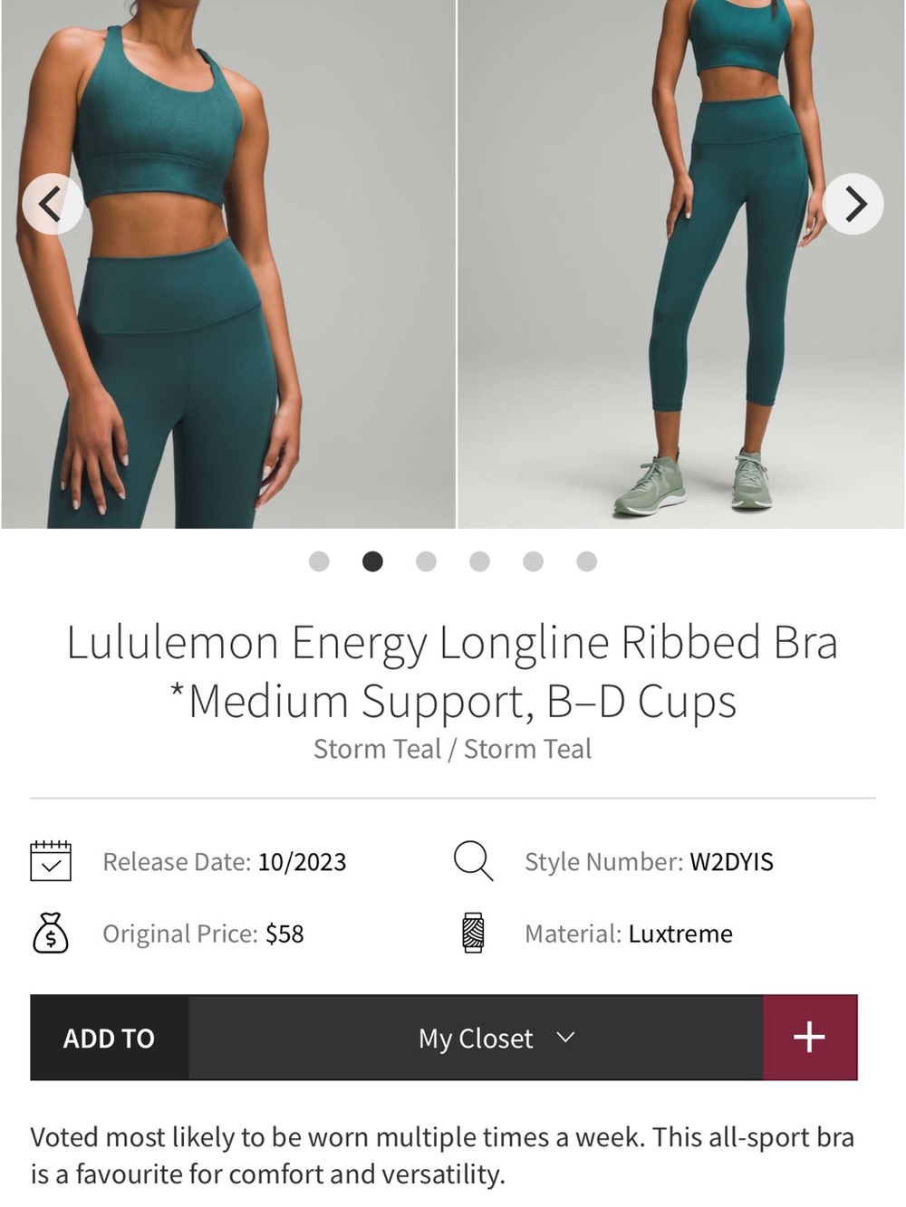lululemon Energy Longline Ribbed Bra Storm Teal*